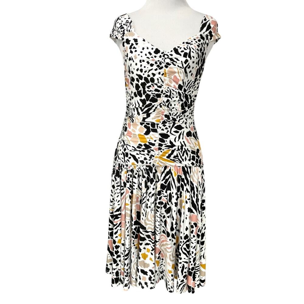 Anthropologie Womens Leopard Cheetah Print Midi Dress XS Drop Waist Stretch